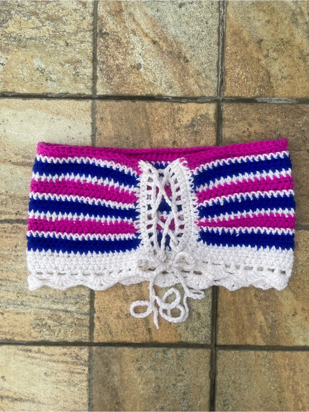 Handmade Crochet Bandeau Tube Top | Pink, Blue & White Striped | Size M |B/C Cup